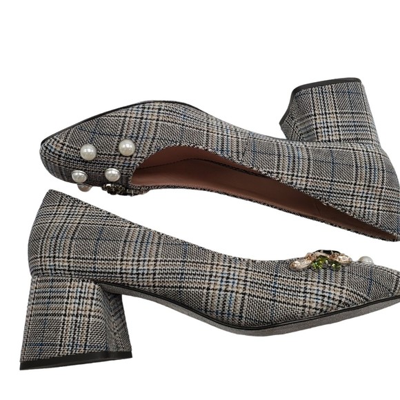 J Crew Celia Pumps Jeweled Glen Plaid Block Heel Plaid Rhinestone Pearl 9.5 - Picture 13 of 13